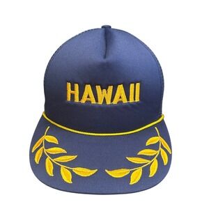 Vtg Hawaii Trucker Hat Men's Adjustable Navy Blue Yellow Laurel Leaves OSFA